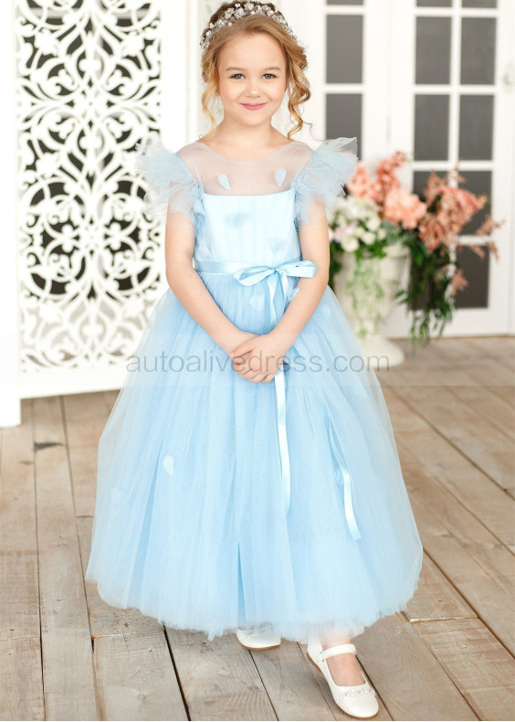 Sky Blue Tulle Puff Sleeves Flower Girl Dress